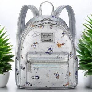 LOUNGEFLY DISNEY PARKS 100th ANNIVERSARY Backpack Bag Silver FAST SHIP 3085-1